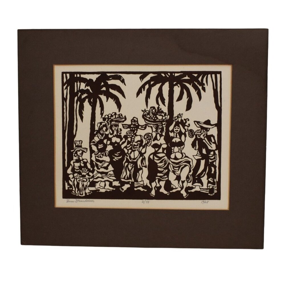 1968 Hans Dannheisser Lithograph 2 of 75 Caribbean Dancers Musicians Palm Trees
